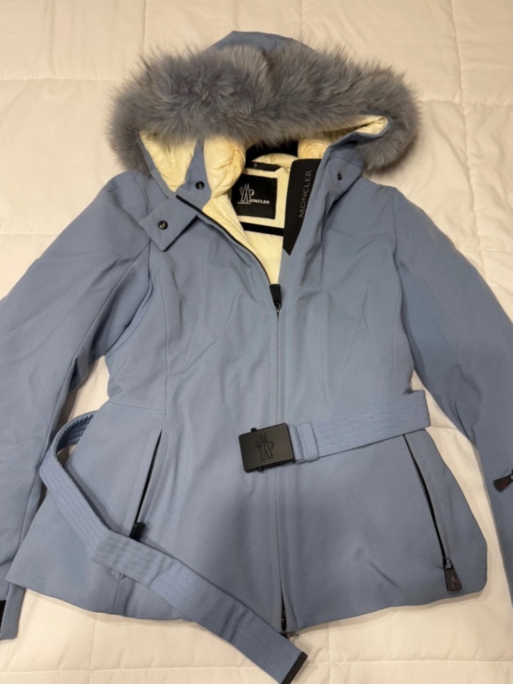 Moncler Grenoble Belted Down Jacket w/ Fur Hood – Size 2 – Dusty Blue